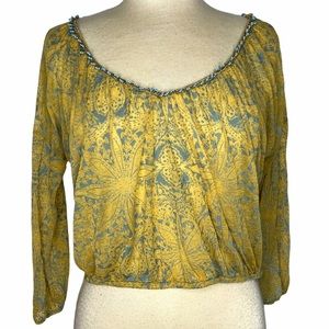 Free People Yellow Blue Print Burnout Beaded Cropped Top S M